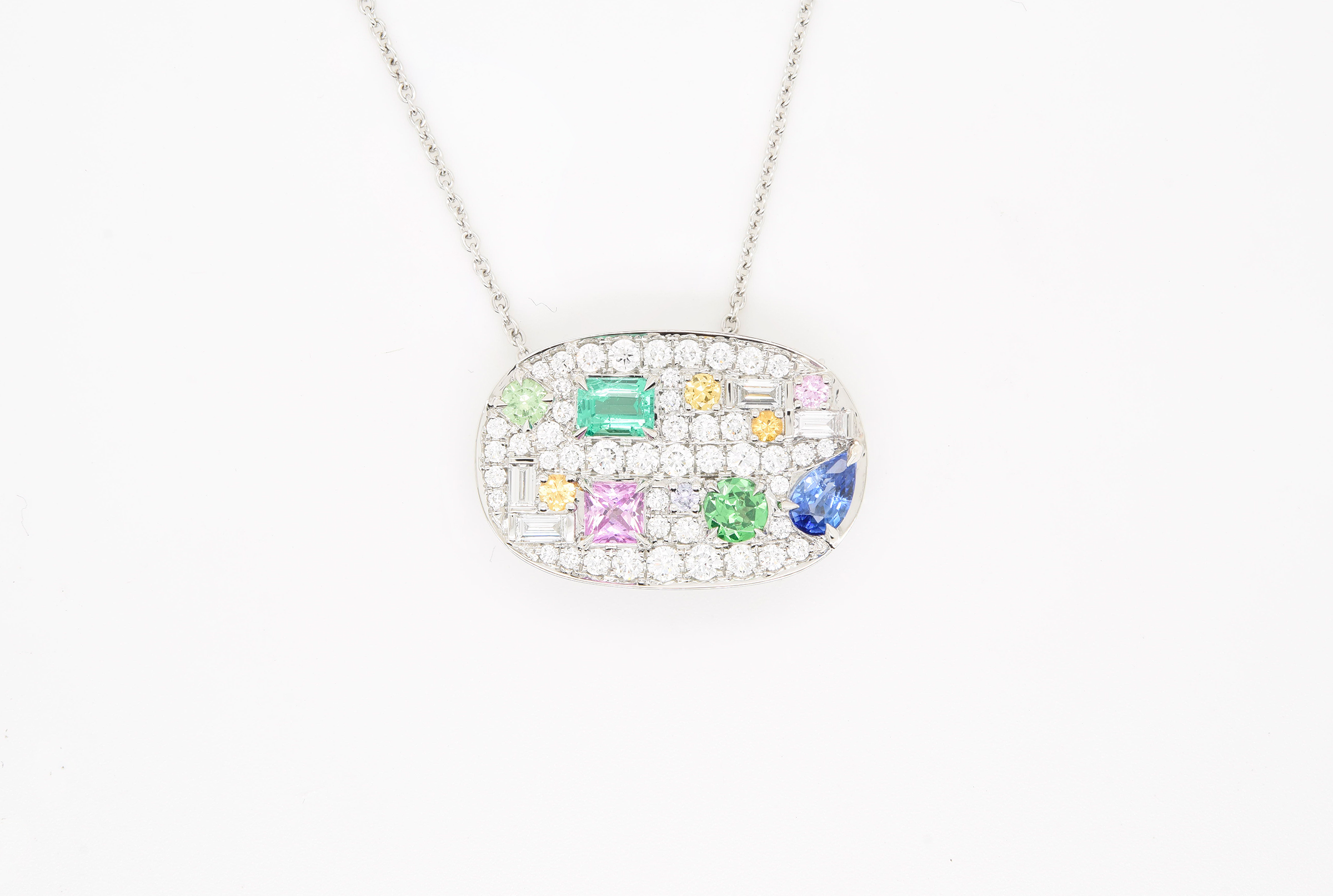 Diamond, Pink Sapphire, Purple Sapphire, Orange Sapphire, Tsavorite, Emerald, Blue Sapphire Pendant Set in Platinum