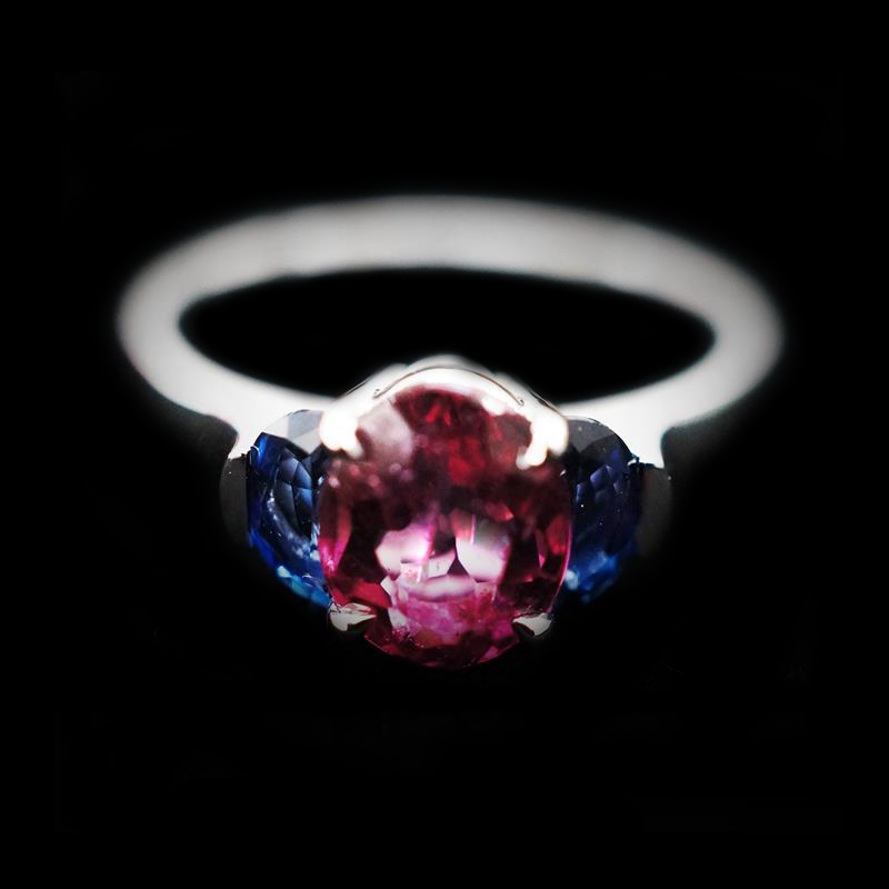 Half moon Sapphire with Pink Tourmaline Ring